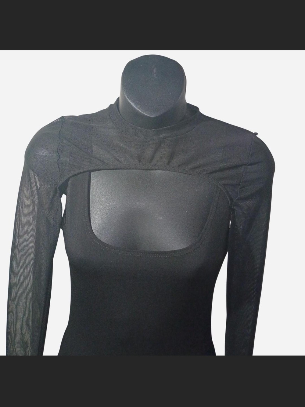 Black Long Sleeve Mesh Yoke Cutout Bodycon Dress